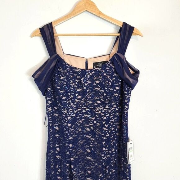 NWT Alex Evenings Fit & Flare Lace Cold Shoulder Navy Sequin Lace Dress Size 8 - Picture 3 of 12